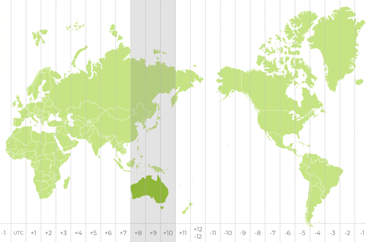 Map shows Australia has a similar time zone to much of Asia