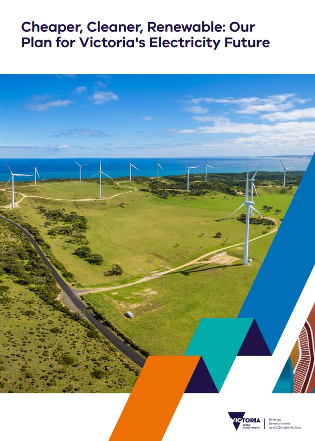 The front cover of the report depicts an image of a wind farm with the ocean in the background. There is branding on the side of the image, and the Department of Energy, Environment and Climate Action logo on the right bottom corner.