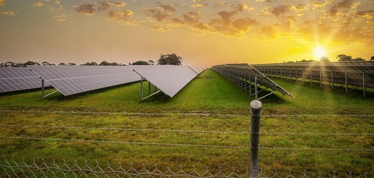 Large rows of solar panels in a solar farm outside of Melbourne, Australia