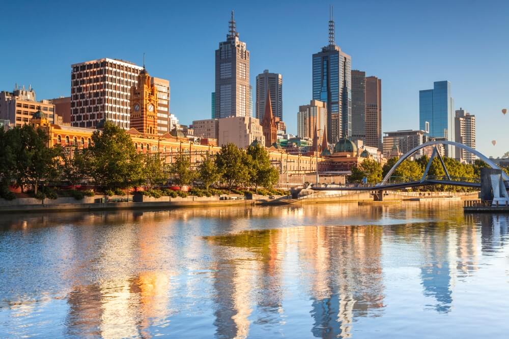 View of Melbourne CDB from Yarra River near Sandridge Bridge