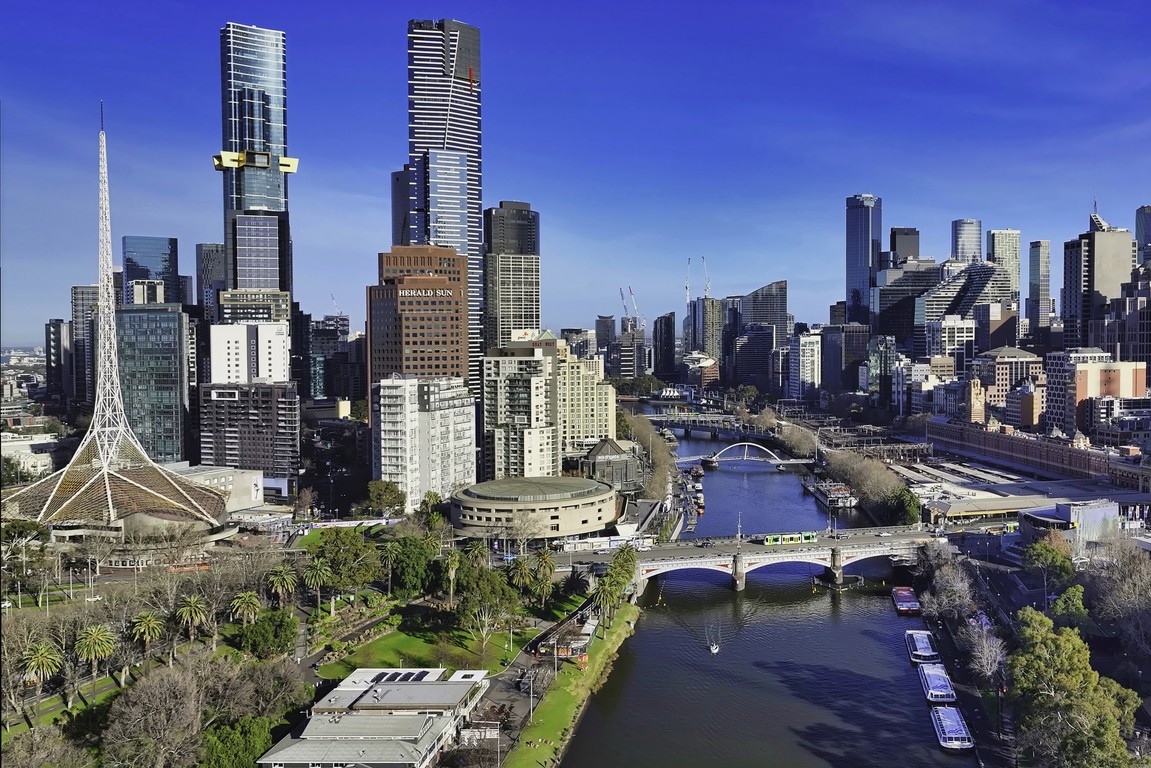 Melbourne CBD Skyline with Arts Centre spire and riverfront