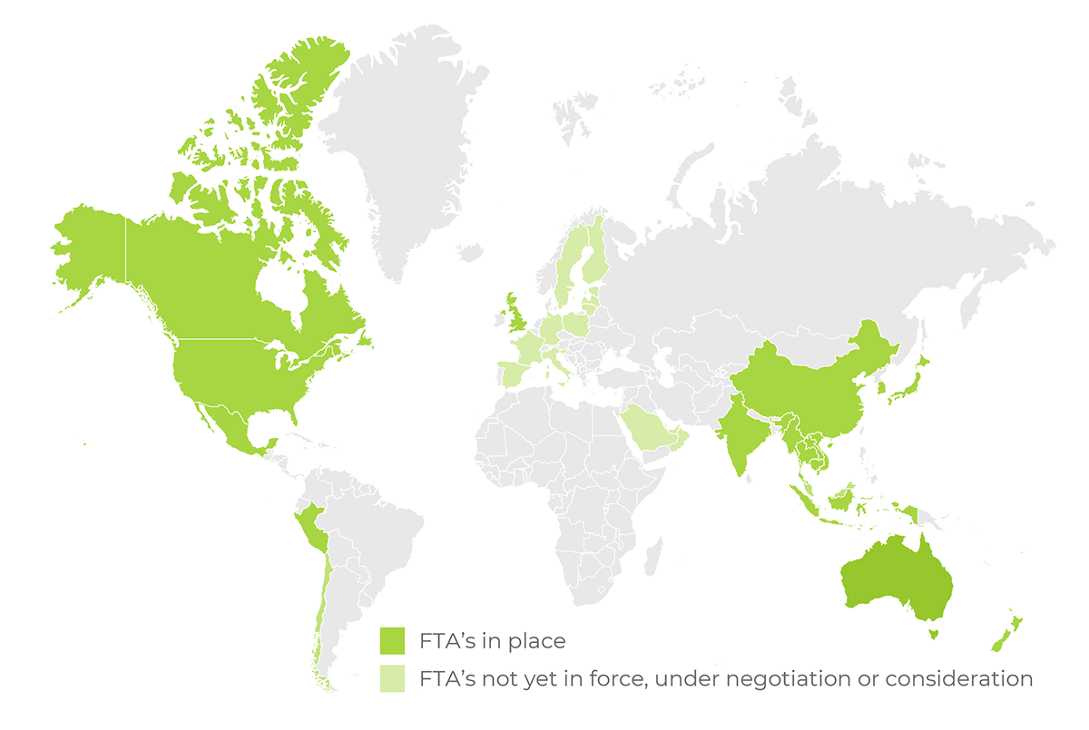 Map showing Australia’s Free Trade Agreements.