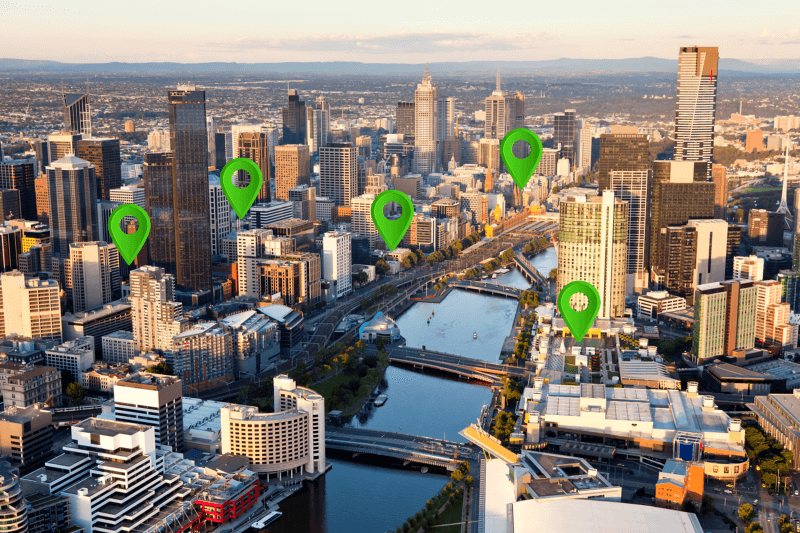 Melbourne CBD with location pins overlaid