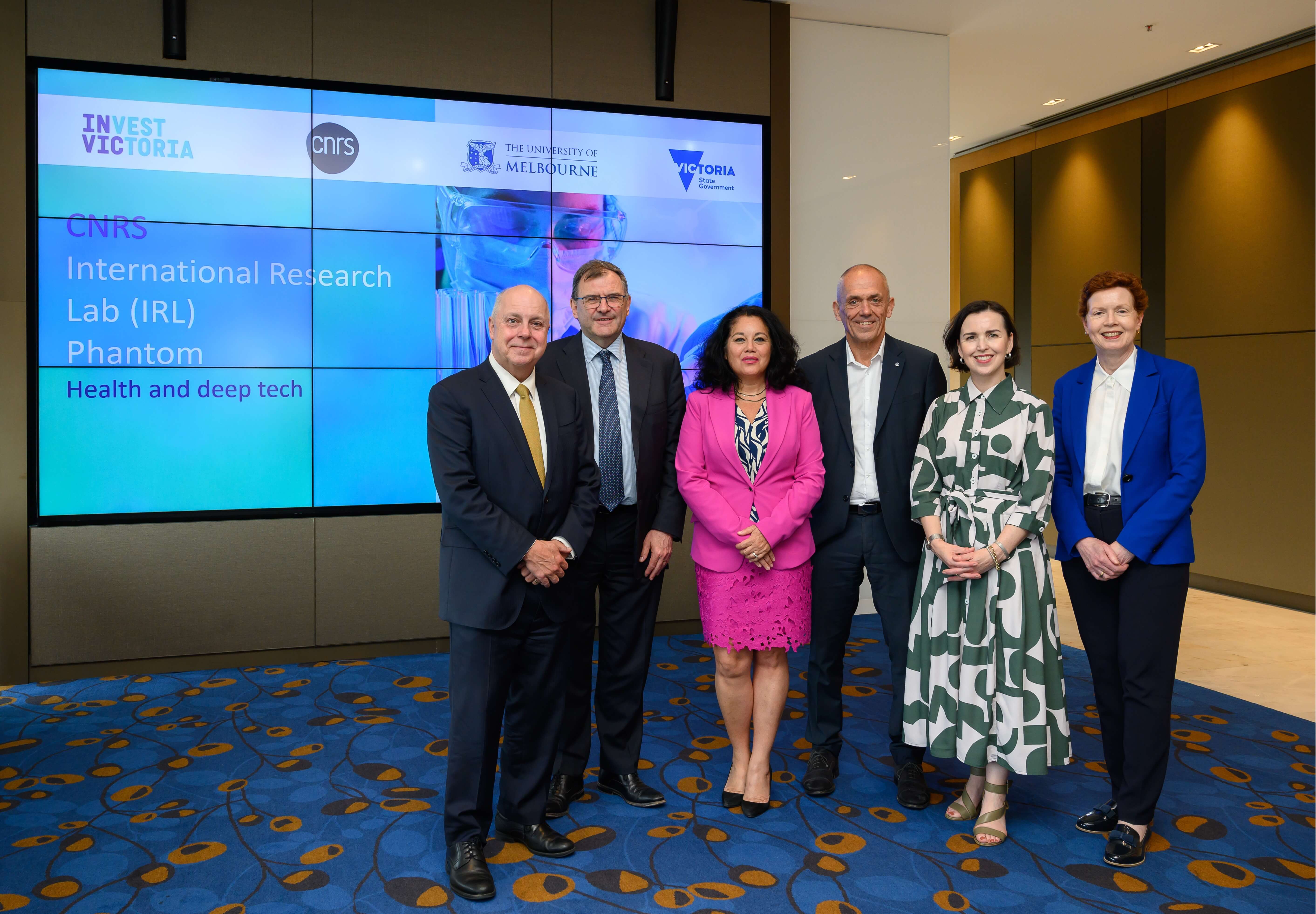 Tim Pallas Victorian Government Treasurer, Dr Amanda Caples Victoria's Lead Scientist, Danni Jarrett Deputy Secretary, Industry, Trade and Investment and CEO Invest Victoria, Department of Jobs, Skills, Industry and Regions and the French Consul at the launch of CNRS with new International Research Lab in Melbourne 