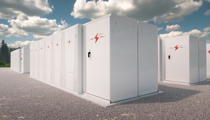 Concept of renewable energy battery storage system in nature. 3d rendering stock photo